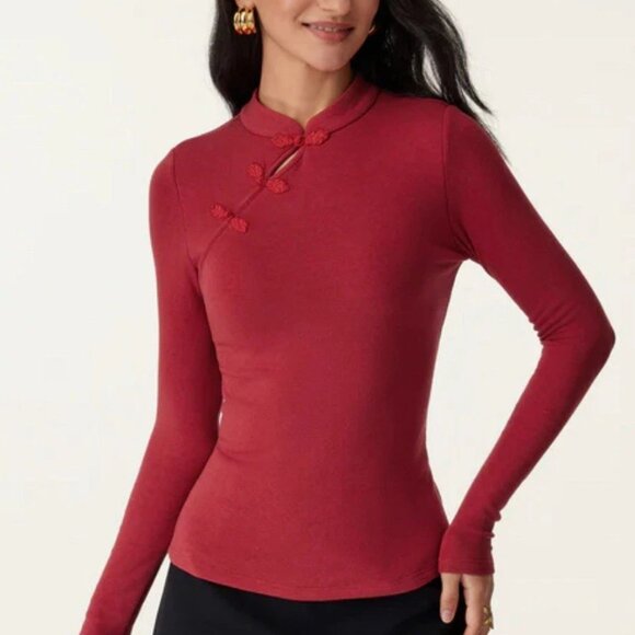 OGL MOVE Mid Thermal Mandarin Collar Asymmetric Frog Button Brami Top Red Size S - Picture 1 of 16